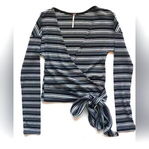 Free People Black/Gray/White Stripped Wrap Top